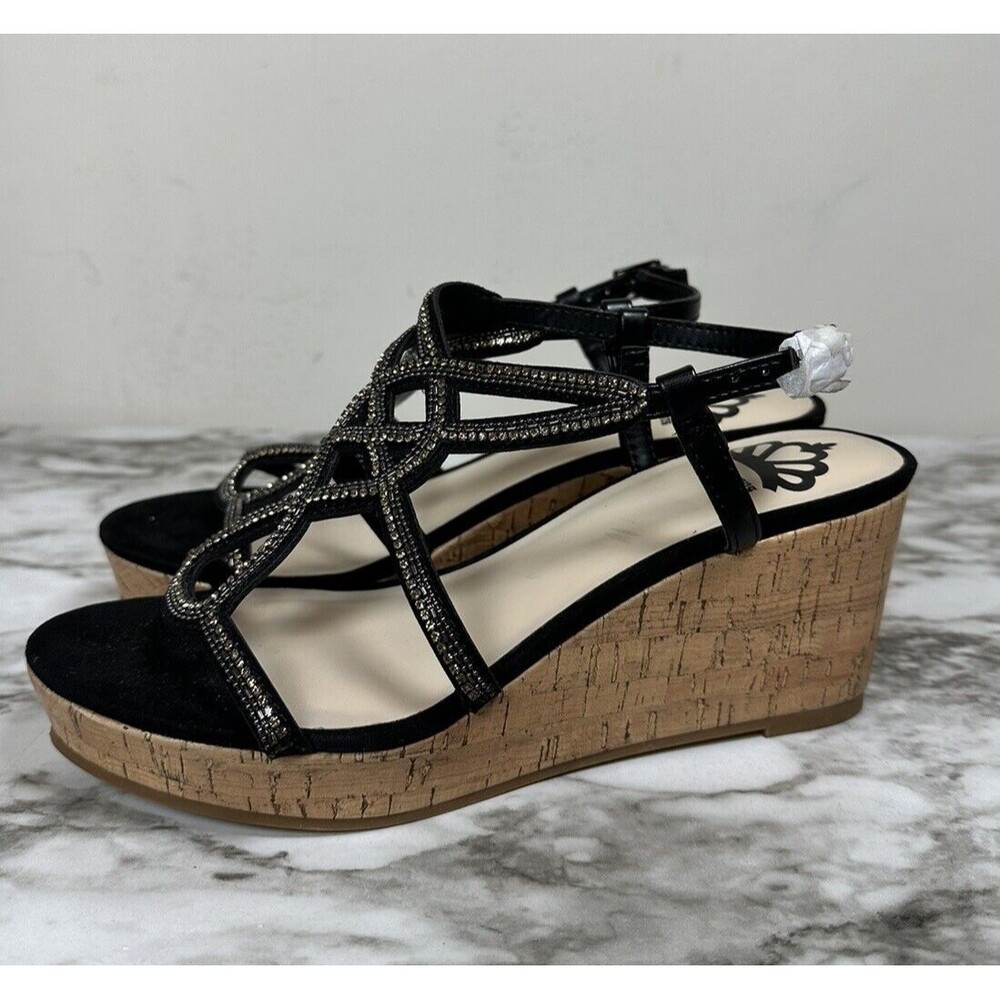 Fergalicious Mimic Women's Wedge Sandals Size 6.5 Black Rhinestone NEW